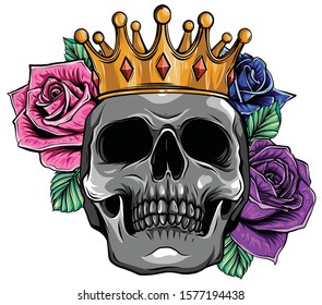 King of death. Portrait of a skull with a crown and lipstick.