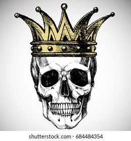 King of death. Portrait of a skull with a crown. Vector rock illustration for your fashion design.