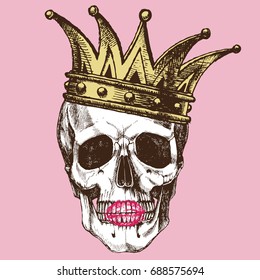 King of death. Portrait of a skull with a crown and lipstick. Vector rock illustration for your fashion design.