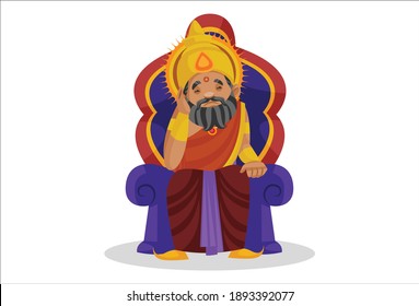 King Dhritarashtra is sitting sad on the throne. Vector graphic illustration. Individually on a white background.