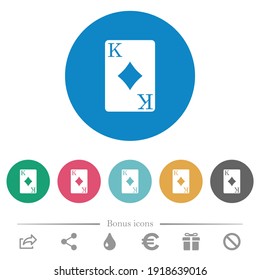 King of diamonds card flat white icons on round color backgrounds. 6 bonus icons included.