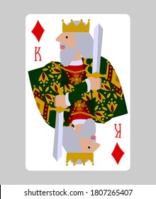 King of Diamonds  playing card in funny flat modern style. Faces double sized. Original design. Vector illustration