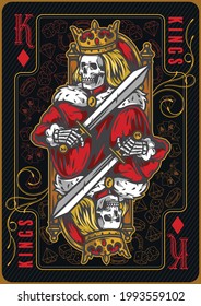 King of diamonds playing card template with skeleton in mantle and crown sitting on throne and holding sword on gambling icons background vector illustration