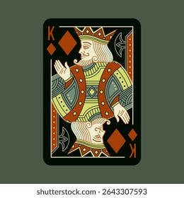 King of Diamonds, jogando pôquer em design preto. Ilustração isolada de vetor. Linhas de traçado editáveis.	