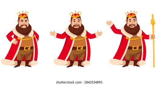 King In Different Poses. Royal Character In Cartoon Style.