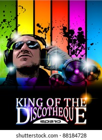 King of the discotheque flyer tor alternative music event poster. background is full of glitter and flow of lights with rainbow tone