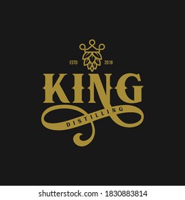 King Distilling Brewery logo with hop king beer