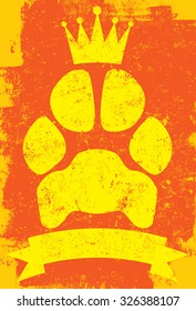 King of Dogs Insignia
A dog paw with crown with a text banner over a textured background. 