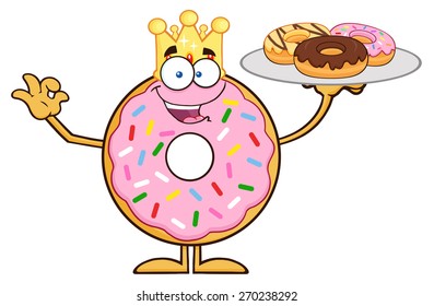 King Donut Cartoon Character Serving Donuts. Vector Illustration Isolated On White