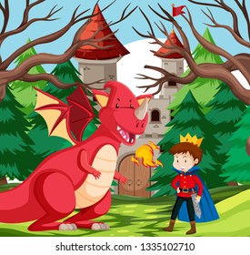 A king and dragon at castle illustration