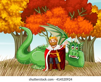 King and dragon in the field illustration