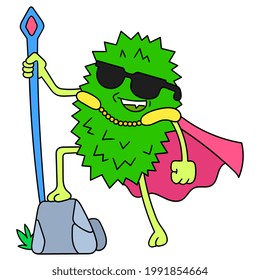 the king of durian fruit is holding a magic wand in cool style, vector illustration art. doodle icon image kawaii.