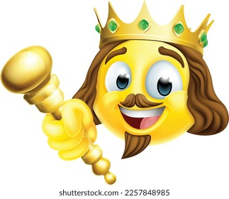 Cara de emoticono rey con una corona de oro y un icono de cetro