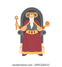 King, emperor sitting on a stone throne. Major Arcana tarot card design. Hand drawn cartoon  flat style. THE EMPEROR