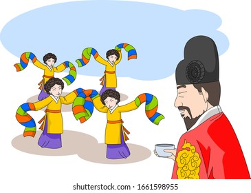 The king enjoys a banquet and dances 

