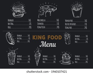 
King fast food restaurant menu sketch in white chalk ,vector illustration