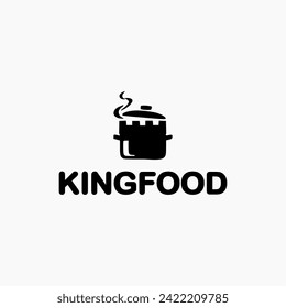 King Food Logo mit dem Symbol eines Kochtopfes und einer königlichen Wand oder einer Vektor-Design-Illustration