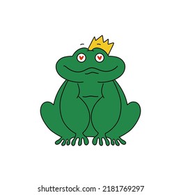 King frog in cartoon style on white background. Funny illustration.