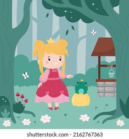 King Frog fairy tale vector illustration. Kawaii cartoon characters. Princess with frog. Forest background. Book for children.