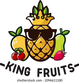 King fruits logo, pineapple with crown and sunglasses. Behind him is a royal retinue of fruits, cherries, mangoes, pears, strawberries. Ready logo for your business. Fruit shop. Shape on top logo