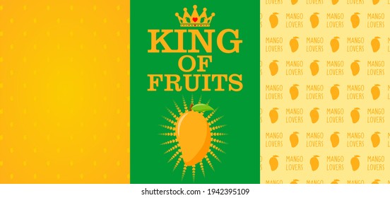 Afiche del rey de las frutas Mango con fondo de patrón vector amarillo y verde