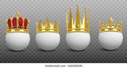 King of game concept - golden king crown on golf ball realistic template, vector illustration isolated on transparent background. Golf club or competition element.