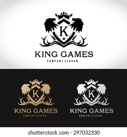 King Games Crest Logo Design with K letter and lion head