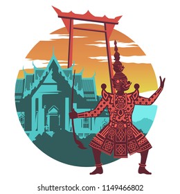 king of giant in pantomime,marble temple and giant swing,famous landmark and symbol of Thailand,for cloth and web design,vintage color,vector illustration