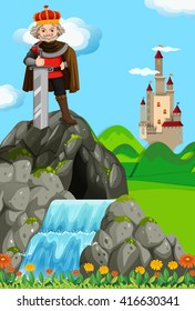 King with giant sword in his kingdom illustration