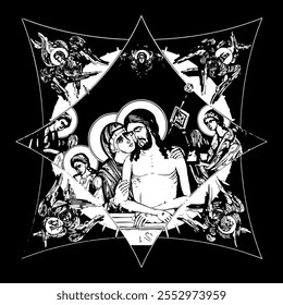 King of Glory on cross dome with 4 apostles, angels and seraphim. Ink illustration black and white in Byzantine style isolated