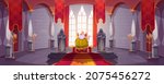 King in gold crown sitting on throne in medieval castle. Vector cartoon fairytale illustration of royal person in luxury costume and kingdom palace interior with statues of knights and red flags