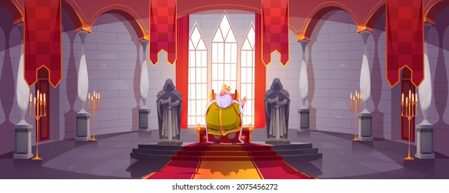 King in gold crown sitting on throne in medieval castle. Vector cartoon fairytale illustration of royal person in luxury costume and kingdom palace interior with statues of knights and red flags