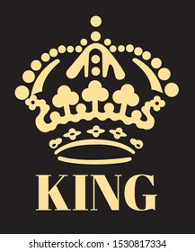 King - Gold crown and text isolated on black background. Can be used for printable souvenirs ( t-shirt, pillow, magnet, mug, cup). Icon of wedding invitation