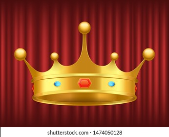 King golden crown on red background. Shiny and luxury headdress of royal person. Coronation ceremony accessory, symbol of power and government vector. Headdress for king or queen