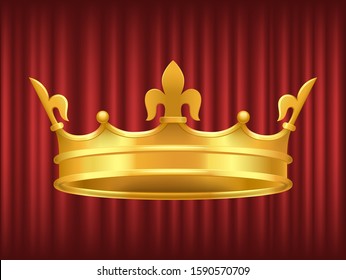 King golden crown on red background. Shiny and luxury headdress of royal person. Coronation ceremony accessory, symbol of power and government vector. Headdress for king or queen