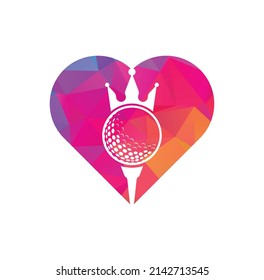 King golf heart shape concept vector logo design. Golf ball with crown vector icon.