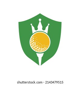 King golf shield shape concept vector logo design. Golf ball with crown vector icon.