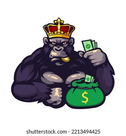 King Gorilla Holding Money Mascot Logo Design Illustration Vector With Transparent Background