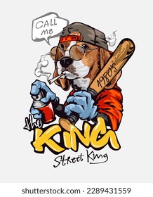 king grafitti style slogan with cartoon dog holding spray paint vector illustration