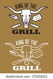 King of the Grill barbecue vector image with cow skull and crossed utensils. Includes clean and grunge versions.
