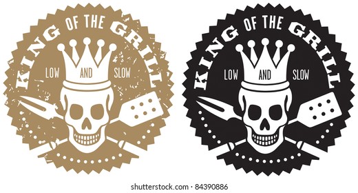 King of the Grill Barbecue vector image with crowned skull over crossed cooking utensils. Includes grunge and clean version.