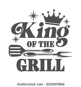 King of the grill motivational slogan inscription. Vector barbecue quotes. Illustration for prints on t-shirts and bags, posters, cards. Bbq master phrase. Isolated on white background.