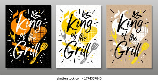 King grill, quote food poster. Cooking, culinary, kitchen, bbq, barbecue, axe, fork, knife, master chef. Lettering, calligraphy poster, chalk, chalkboard, sketch style. Vector illustration