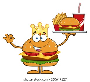 King Hamburger Cartoon Character Holding A Platter With Burger, French Fries And A Soda. Vector Illustration Isolated On White