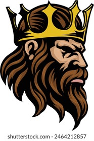 A king head, tough looking medieval warrior face, man wearing a gold crown mascot 