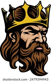 A king head, tough looking medieval warrior face, man wearing a gold crown mascot 