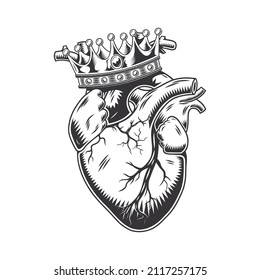 King heart anatomically hand drawn line art. vintage Flash tattoo or print design vector illustration.