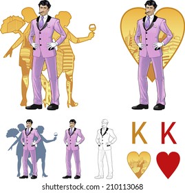 King of hearts attractive asian man in luxury stripped costume with female corps de ballet dancers silhouettes retro styled comics card character set of illustrations with black lineart