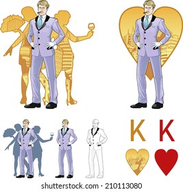 King of hearts attractive Caucasian man in luxury stripped costume with female corps de ballet dancers silhouettes retro styled comics card character set of illustrations with black lineart