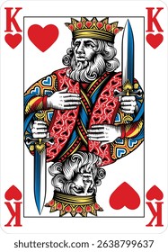 King of Hearts design from a new original deck of playing cards. Four pip left handed version with identifier in all four corners.